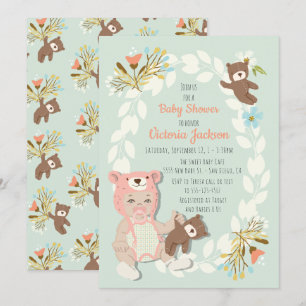 Woodland Bear hat baby girl shower invitations