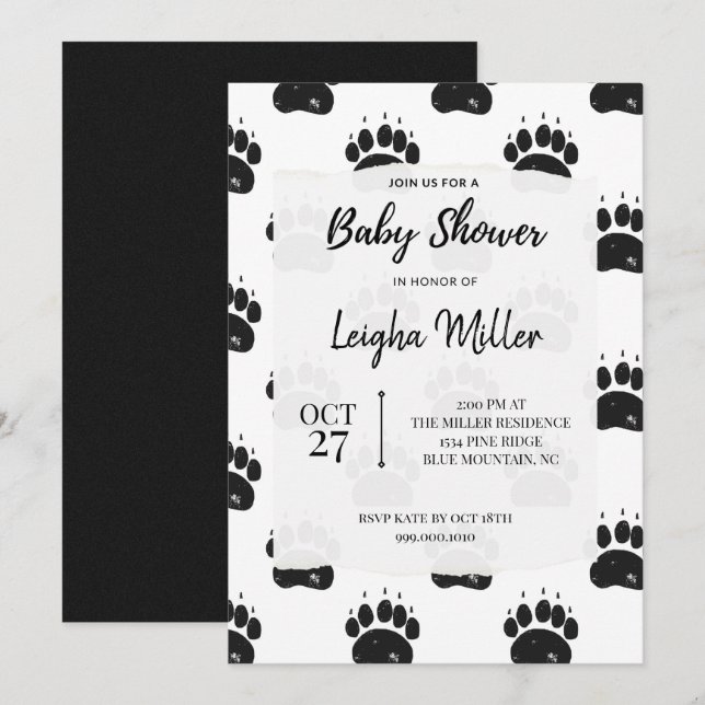 Woodland Bear Paw Print Baby Shower Invitation (Front/Back)