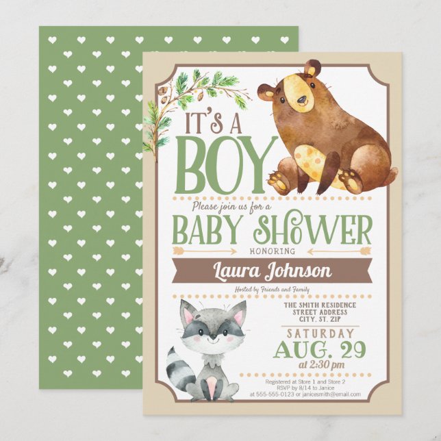Woodland Bear & Raccoon Boy Baby Shower Invitation (Front/Back)