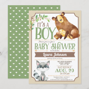 Woodland Bear & Raccoon Boy Baby Shower Invitation