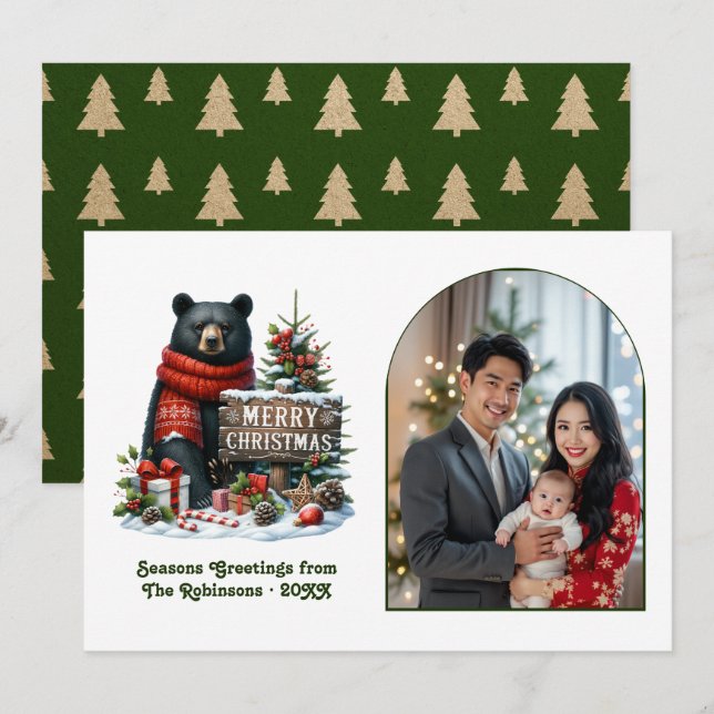 Woodland Bear Rustic Forest Christmas Magic Photo Holiday Card (Front/Back)