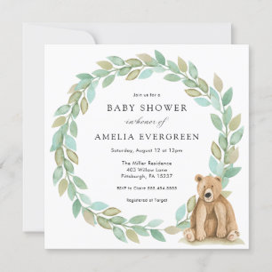 Woodland Bear with Foliage Wreath Baby Shower Invitation