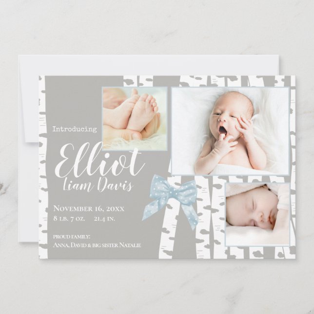 Woodland Birch and Bow Baby Birth with Photos Announcement (Front)