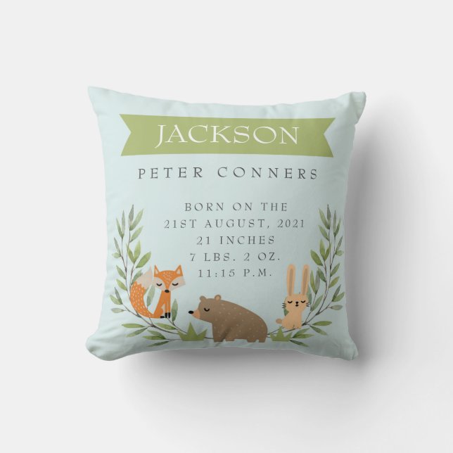 Woodland Birth Stats Personalized Nursery Pillow (Front)
