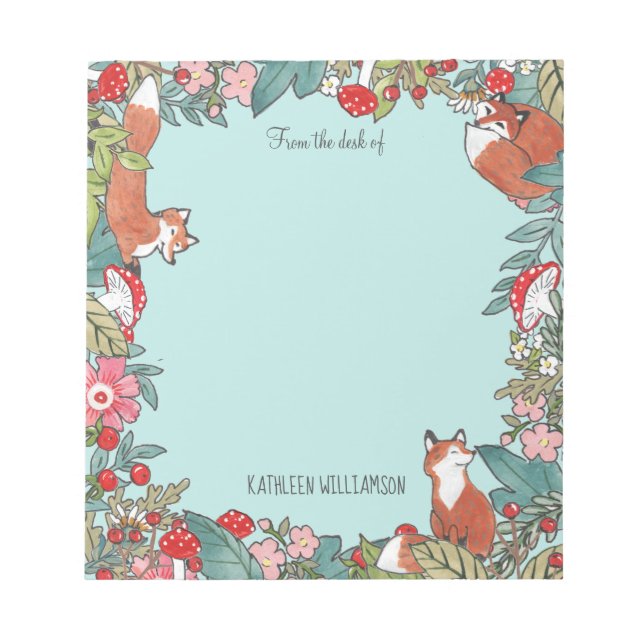 Woodland Blue Fox Foxes Forest Leaf Personalized Notepad (Front)