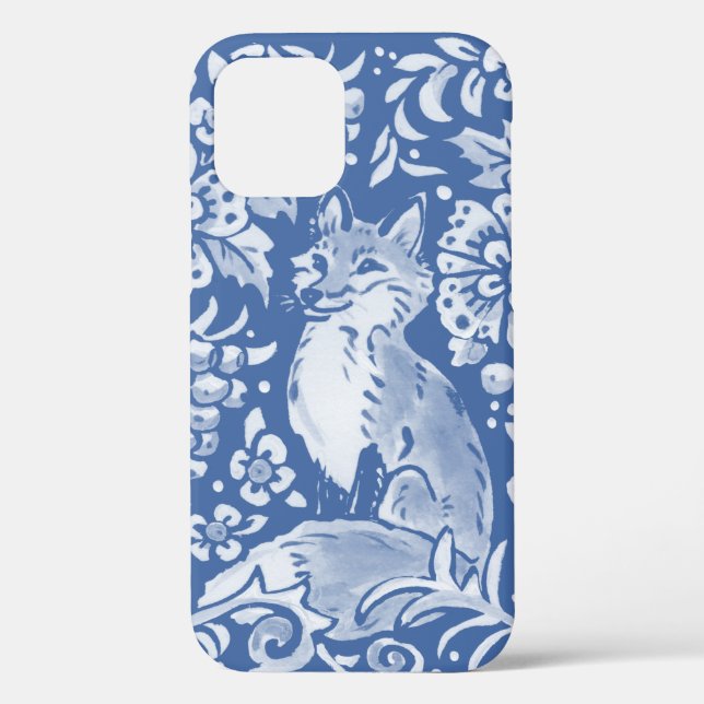 Woodland Blue & White Fox Floral Leaf Denim Cute Case-Mate iPhone Case (Back)