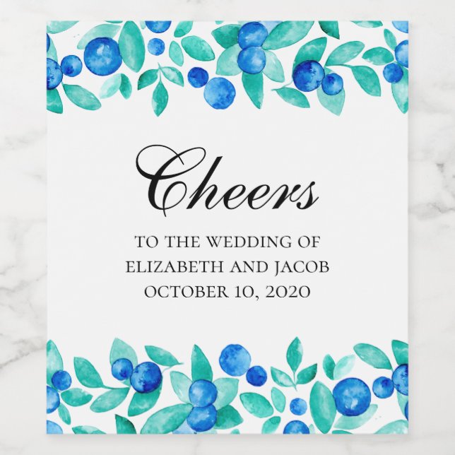 Woodland blueberries. Blue and mint garden wedding Wine Label (Single Label)