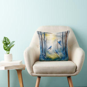 Woodland Bluebirds Scenic Forest Throw Pillow