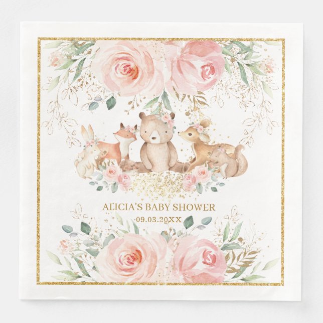 Woodland Blush Pink Floral Baby Shower Birthday  N Napkin (Front)