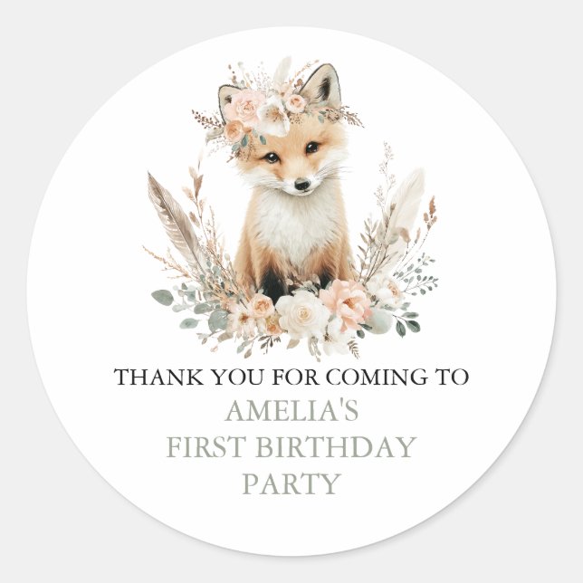 Woodland Boho Fox Girl Birthday Personalized Classic Round Sticker (Front)