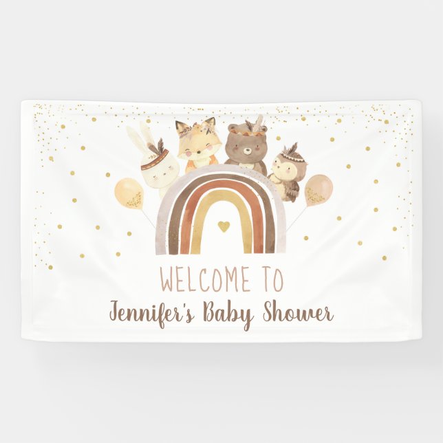 Woodland Boho Rainbow Gold Baby Shower Banner (Horizontal)