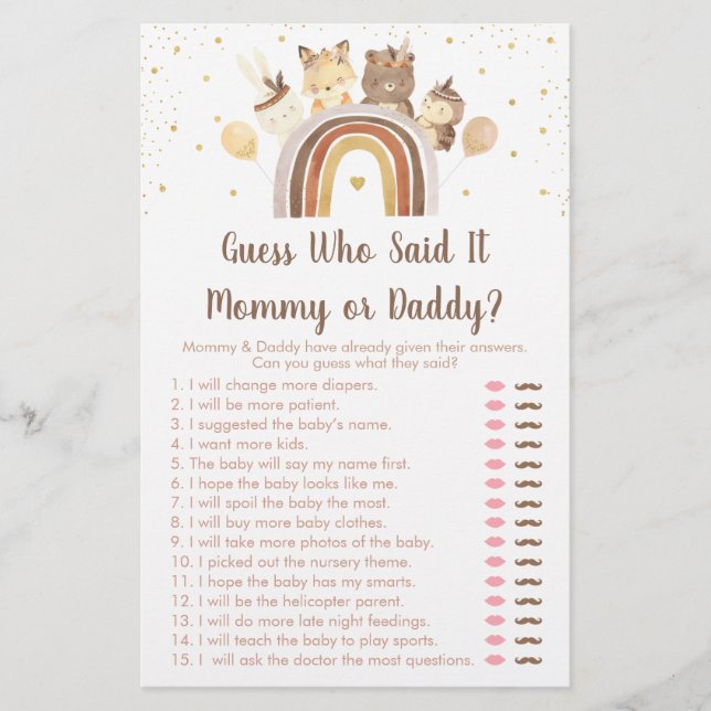 Woodland Boho Rainbow Guess Who Said It Game (Front)