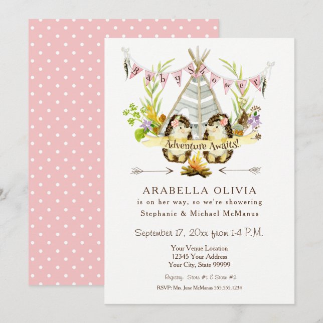 Woodland BOHO Teepee Hedgehogs Girl Baby Shower  Invitation (Front/Back)