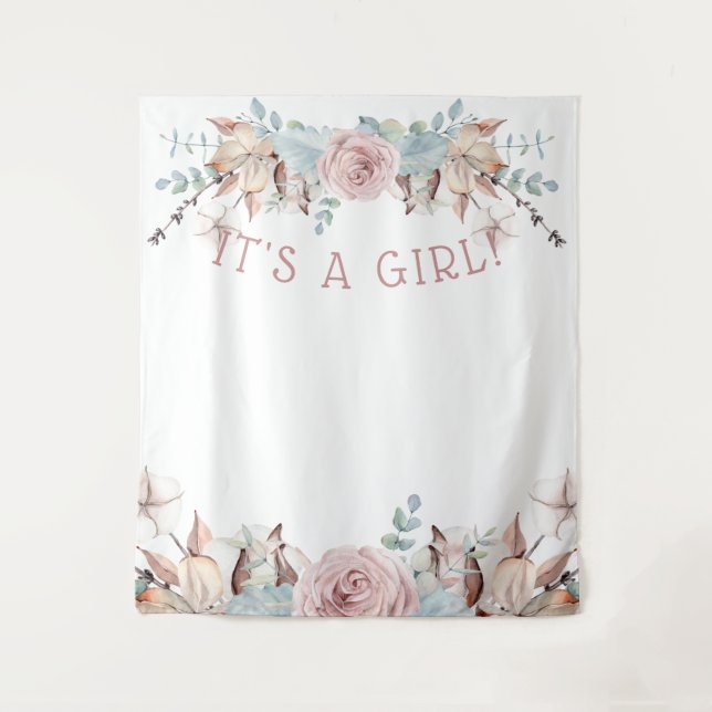 Woodland BOHO Virtual Girl Baby Shower Backdrop Tapestry (Front)