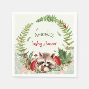 Woodland botanical fuzzy raccoon baby shower napkin