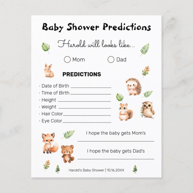 Woodland Boy Baby Shower Predictions Game (Front)