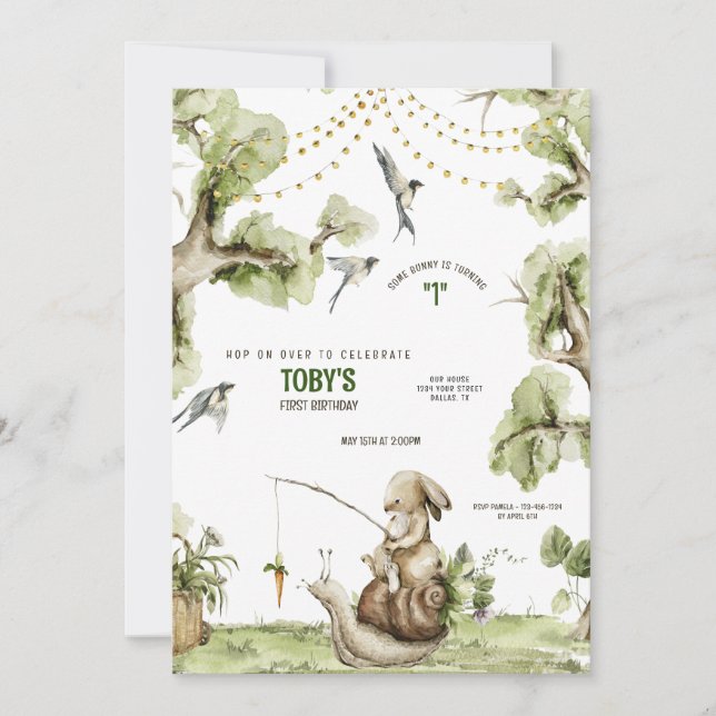 Woodland Bunny Rabbit Fishing Birthday Party Invit Invitation (Front)