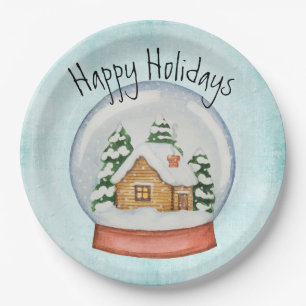Woodland Cabin Holiday Snow Globe Paper Plate