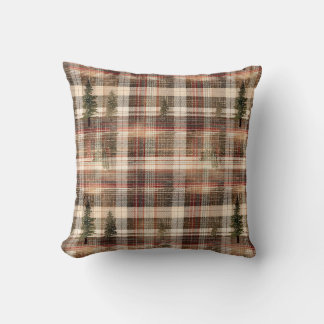 Woodland Cabin Plaid Pine Tree Throw Pillow