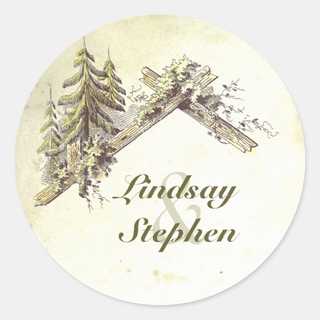 Woodland Cabin Rustic Wedding Classic Round Sticker (Front)