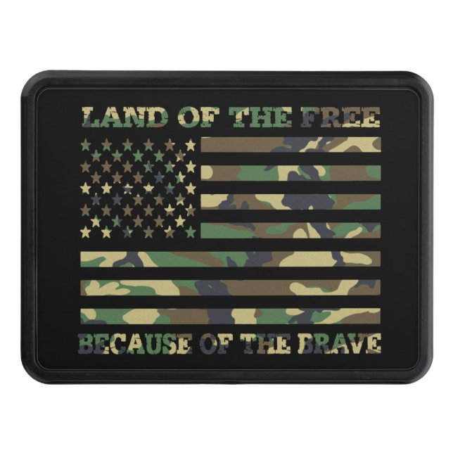 Woodland Camo American Flag Land Of The Free Trailer Hitch Cover (Front)