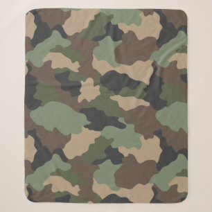 Woodland Camouflage Camo Khaki Green Tan Black Sherpa Blanket