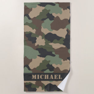 Woodland Camouflage Camo Khaki Tan Black Monogram Beach Towel