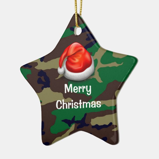 Woodland Camouflage Merry Christmas T-Shirt Ceramic Ornament (Left)