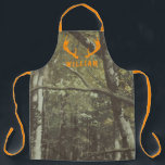 Woodland Camouflage Pattern Orange Deer Antlers Apron<br><div class="desc">A woodland deer hunting camo pattern with orange deer antlers and name at top.</div>