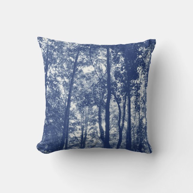 Woodland Canopy - Cyanotype Effect Throw Pillow (Front)