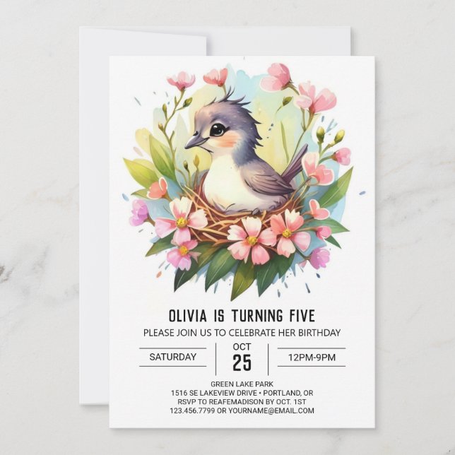 Woodland Children Bird Birthday Invitation (Front)
