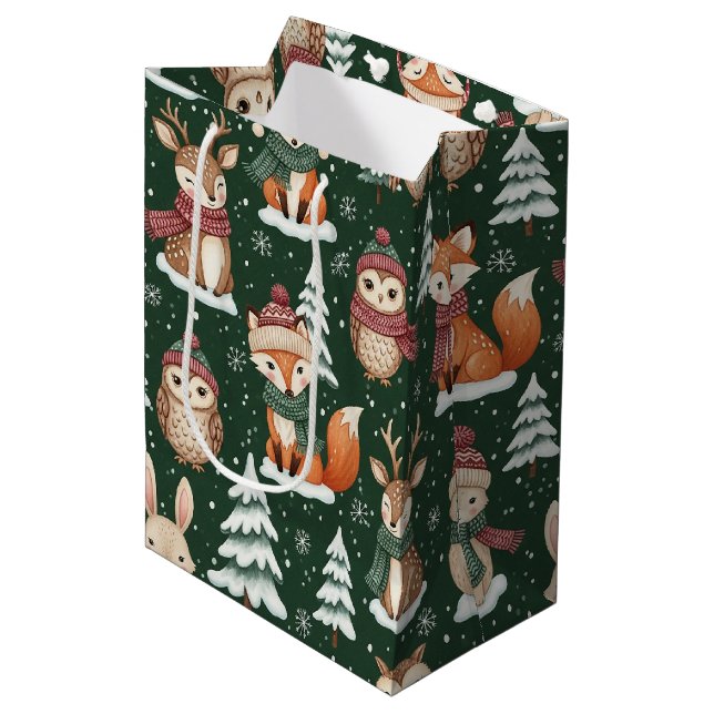Woodland Christmas Animals Pattern – Cute Winter 4 Medium Gift Bag (Front Angled)