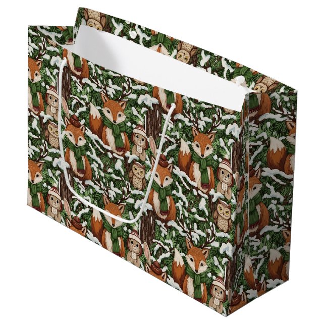 Woodland Christmas Animals Pattern – Cute Winter 5 Large Gift Bag (Front Angled)