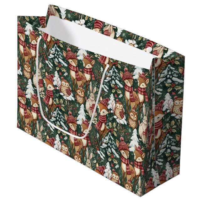 Woodland Christmas Animals Pattern – Cute Winter 8 Large Gift Bag (Front Angled)