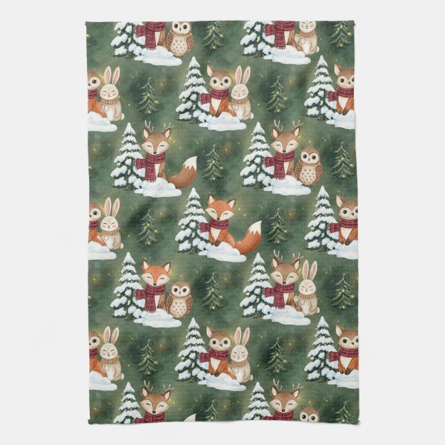 Woodland Christmas Animals Pattern – Cute Winter 9 Kitchen Towel (Vertical)