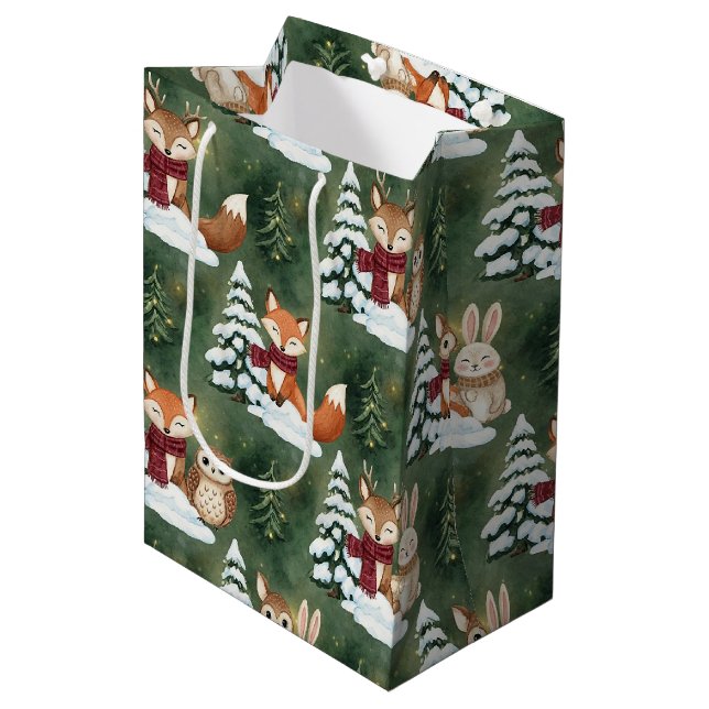 Woodland Christmas Animals Pattern – Cute Winter 9 Medium Gift Bag (Front Angled)