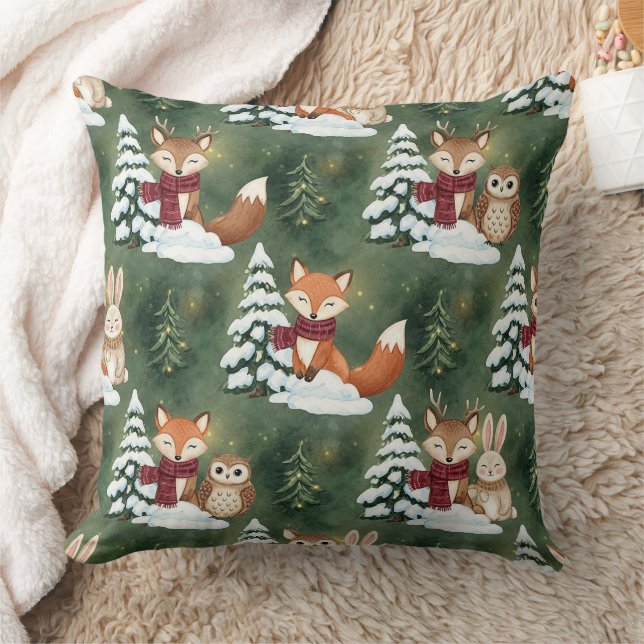 Woodland Christmas Animals Pattern – Cute Winter 9 Throw Pillow (Blanket)