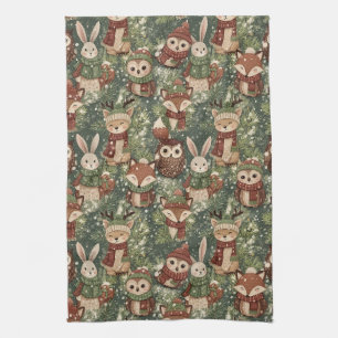 Woodland Christmas Animals Pattern – Cute Winter Kitchen Towel