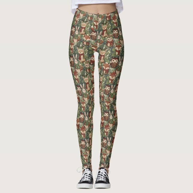 Woodland Christmas Animals Pattern – Cute Winter Leggings (Front)