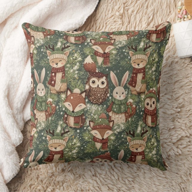 Woodland Christmas Animals Pattern – Cute Winter Throw Pillow (Blanket)