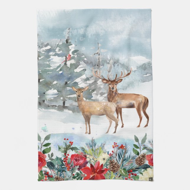 Woodland Christmas Deer Kitchen Towel (Vertical)