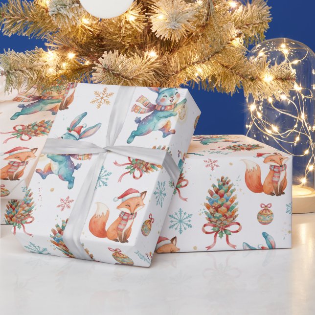 Woodland Christmas Fox, Bunny & Pinecone Pattern Wrapping Paper (Holidays)