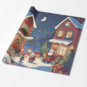 Woodland christmas red vintage santa illustration wrapping paper