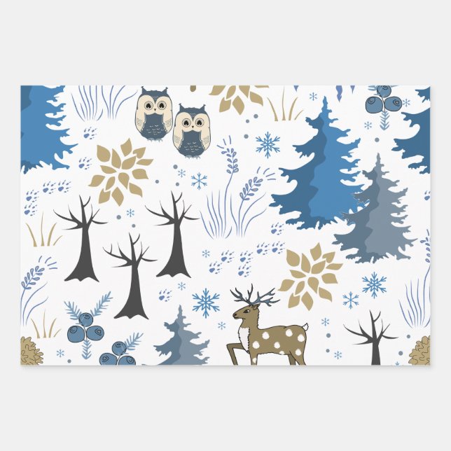 Woodland Christmas Trees and Animals  Wrapping Paper Sheet (Front)