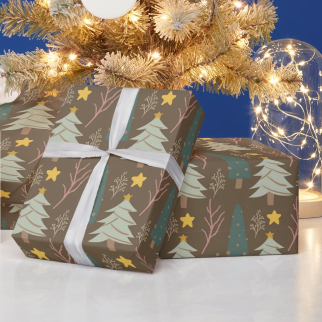 Woodland Christmas Trees Earth Tones Pattern Wrapping Paper (Holidays)