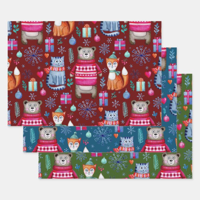 Woodland Christmas Winter Forest Bear Cat Fox Wrapping Paper Sheet (Set)