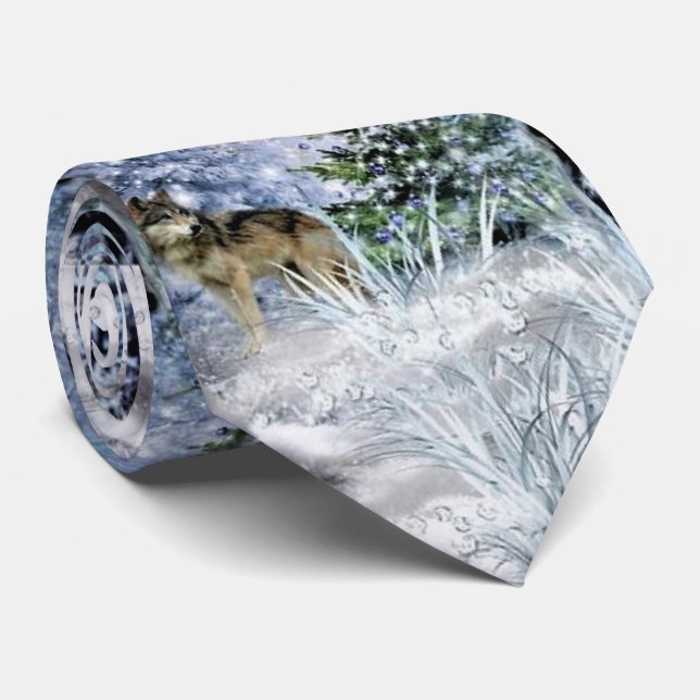 Woodland Christmas with Wolves Blue Mens Tie (Rolled)