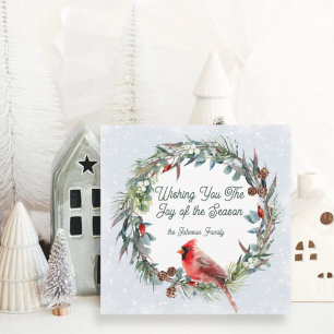 Woodland Christmas Wreath, Cardinal, Snowflakes Holiday Card