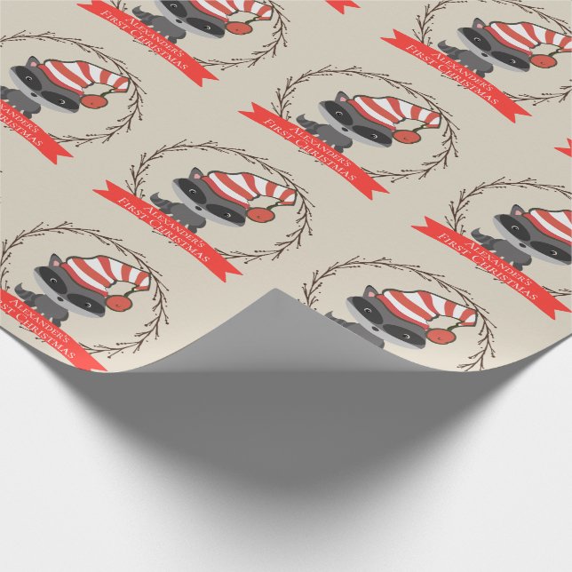 Woodland Creature Raccoon Baby's First Christmas Wrapping Paper (Corner)