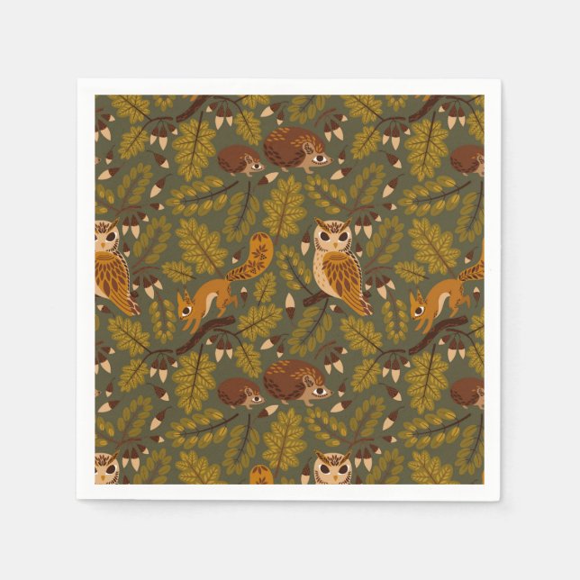 Woodland Creatures and Leaves Pattern Napkin (Front)